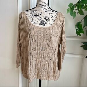 Demanding Y2K Open Knit Cotton Blend 3/4 Sleeve Slouchy Sweater Beige Sz S